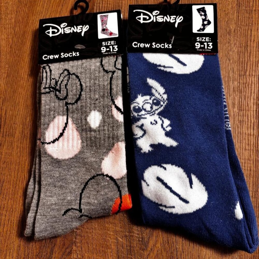 Disney Crew Socks - Grey Minnie & Navy Stitch Designs (Size 9-13)
